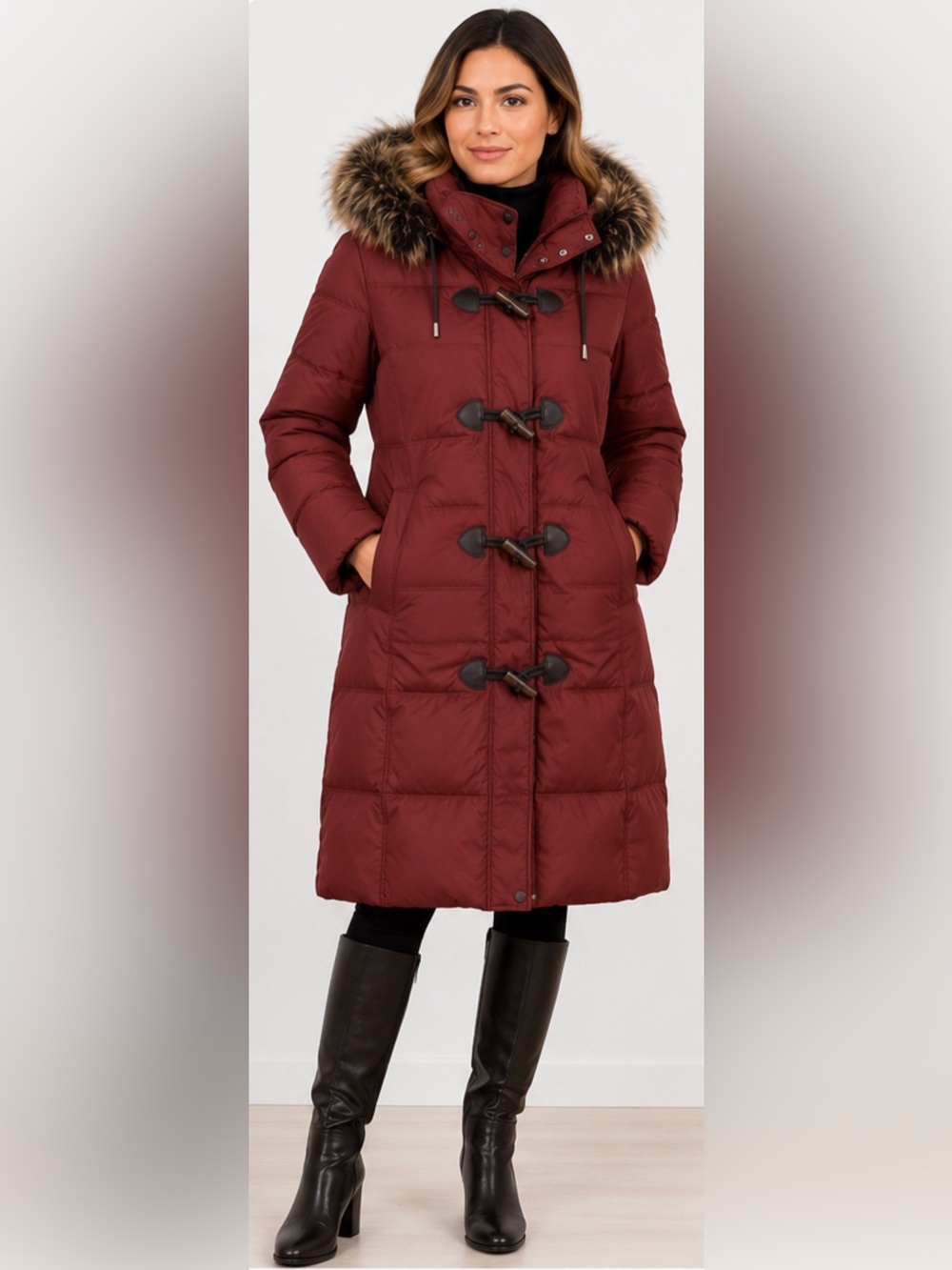 Marcona Duvet Red Long Down Puffer Coat Fur Trim Hood Toggle Size M